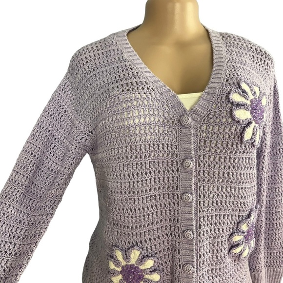 3/$30 🍂 Jamie S Casuals Vintage Lavender Purple Open Knit Embroidered Cardigan - Picture 5 of 10
